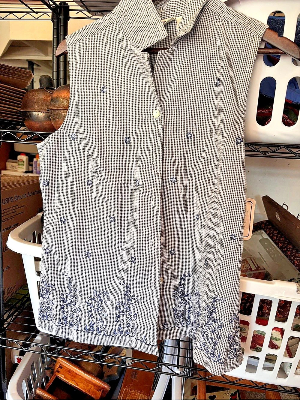 Erika & Co Gingham Button Front Top in Blue & White Size Medium